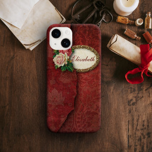 Capa Tough Para iPhone 6 Plus Vintage Torn Red Damask and Rosa Personalizado