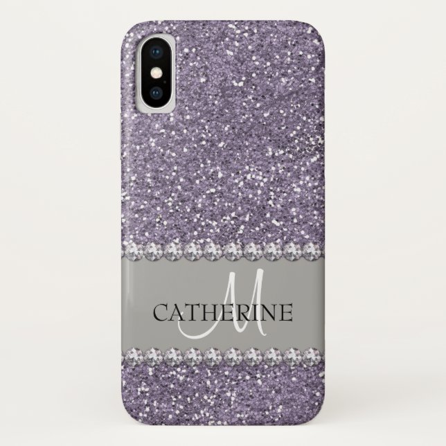 Capa Para iPhone, Case-Mate Violet Glitter, Diamond Gems, Name e Monograma (Verso)