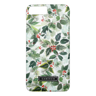 Capa iPhone 8 Plus/7 Plus Watercolor Christmas Greenery e Holly Pattern