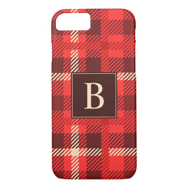Capa Para iPhone, Case-Mate Xadrez de aparência do Flanel vermelho com monogra (Verso)