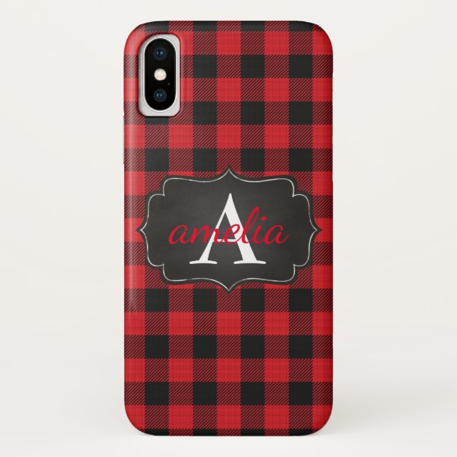 Capa Para iPhone, Case-Mate XADREZ de Buffalo Vermelho e Negro EDITÁVEL Monogr (Verso)
