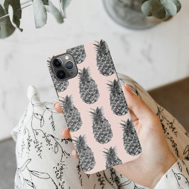 Capa Para iPhone Cinzas Tropicais e Pineanás Rosa Padrão Sem Costur