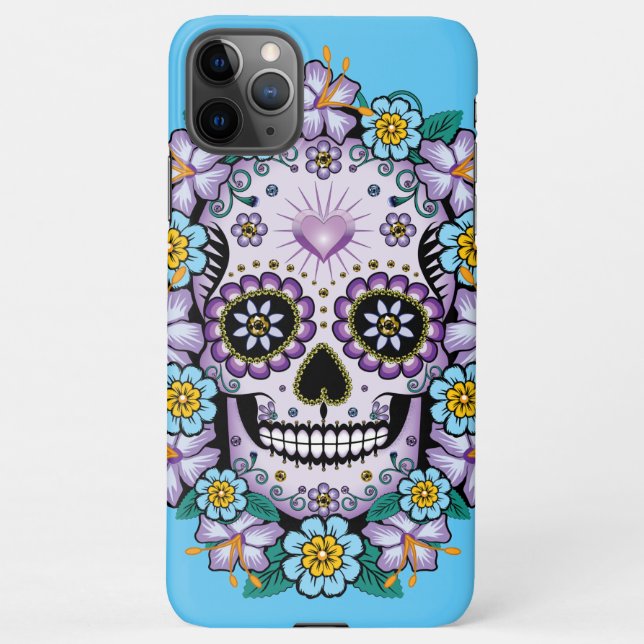 Capa Para iPhone Crânio de Açúcar Roxo com Flores (Verso)