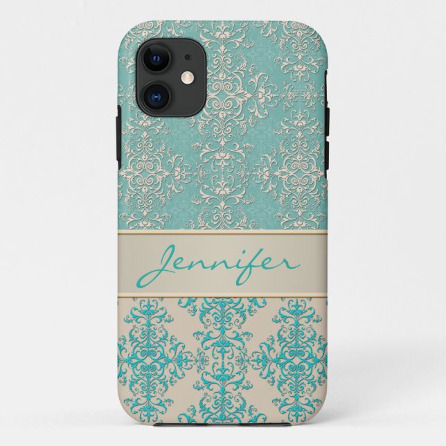 Capa Para iPhone Da Case-Mate Água e padrão damasco sofisticado branco (Verso)