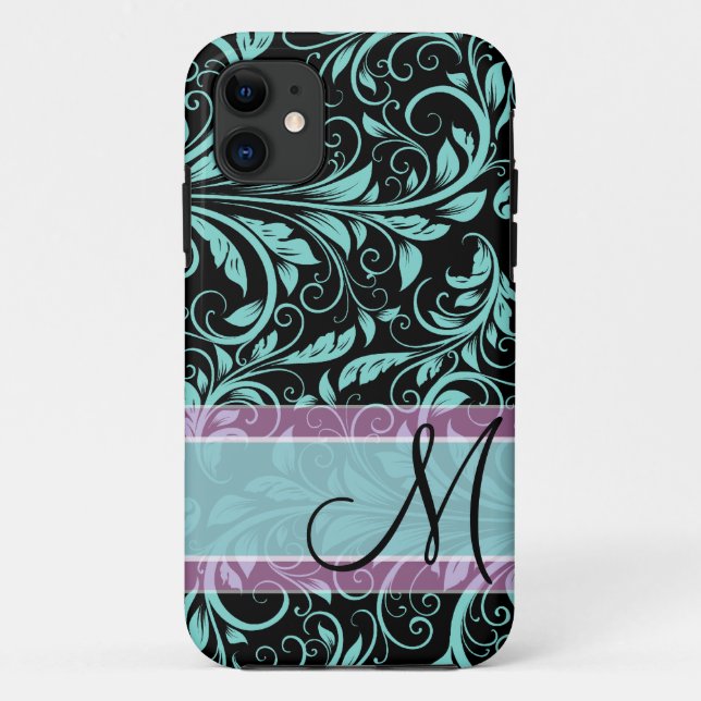 Capa Para iPhone Da Case-Mate Azul-branco e damasco preto elegante com monograma (Verso)