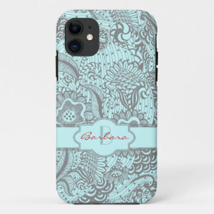 Capa Para iPhone Da Case-Mate Cinza E Monograma Floral Abstrato Azul Claro