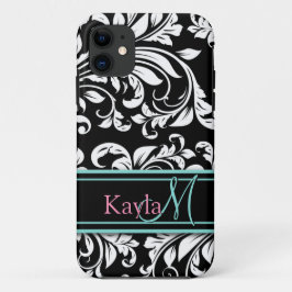 Capa Para iPhone Da Case-Mate Cor damasco preta & branca elegante com monograma