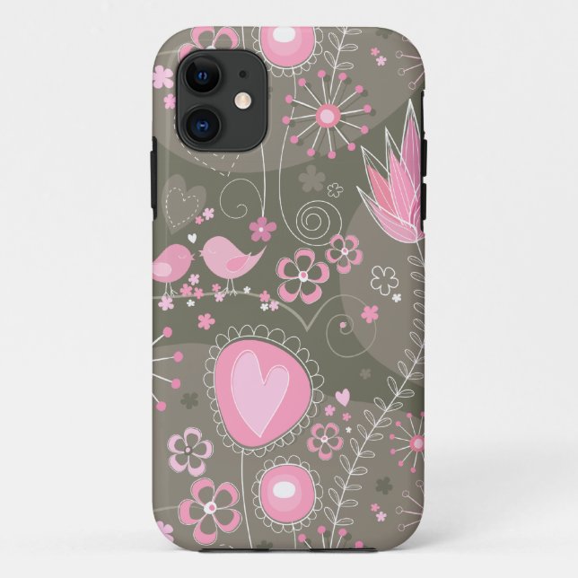 Capa Para iPhone Da Case-Mate Corações, Pássaros e Flores, de Cor Rosa e Cinzas (Verso)