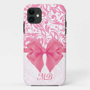 Capa Para iPhone Da Case-Mate Damasco cor-de-rosa Monogrammed e fita cor-de-rosa