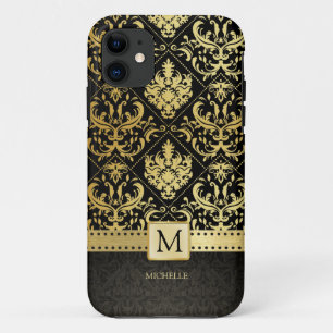 Capa Para iPhone Da Case-Mate Damasco preto e Dourado elegante com monograma