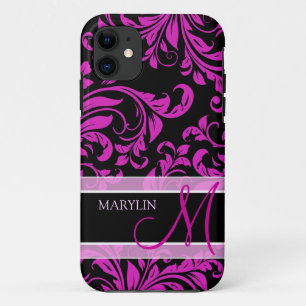 Capa Para iPhone Da Case-Mate Damasco roxo e preto elegante com monograma