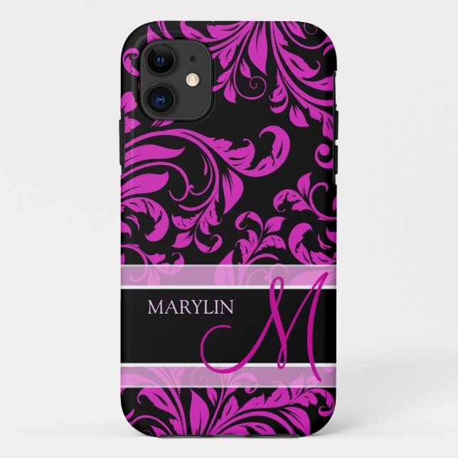 Capa Para iPhone Da Case-Mate Damasco roxo e preto elegante com monograma (Verso)