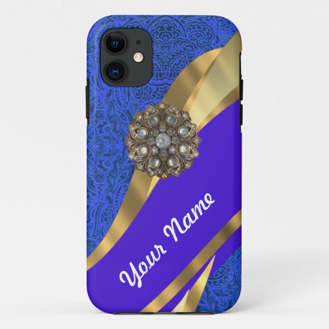 Capa Para iPhone Da Case-Mate Fita azul de damasco e dourado (Verso)