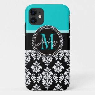 Capa Para iPhone Da Case-Mate Garota Aqua Black Damasco Seu Nome De Monograma
