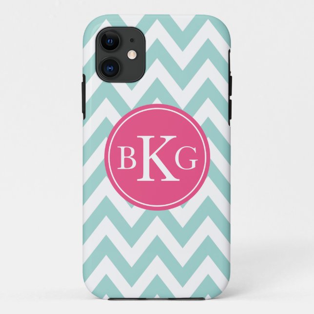 Capa Para iPhone Da Case-Mate Hortelã Chevron verde & monograma feito sob (Verso)