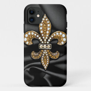 Capa Para iPhone Da Case-Mate Jóia preta Dourado do cetim da flor de lis