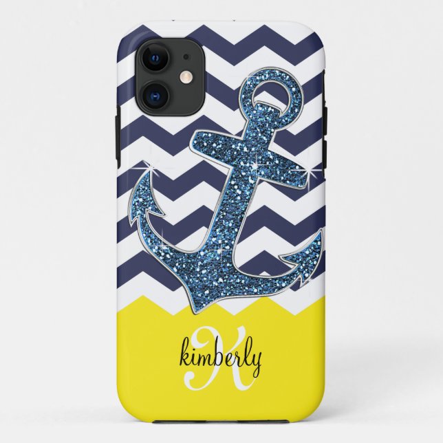 Capa Para iPhone Da Case-Mate Marinho Faux Glitter Anchor Chevron Personalizado (Verso)