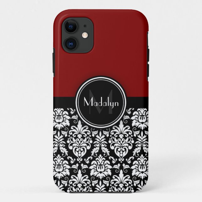 Capa Para iPhone Da Case-Mate Maroon Black White Damask Monograma - Letra Monogr (Verso)