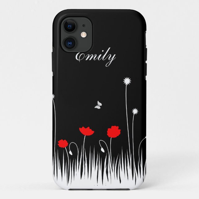 Capa Para iPhone Da Case-Mate Mínimo de Preto Vermelho e Pópias Brancas Nome do  (Verso)