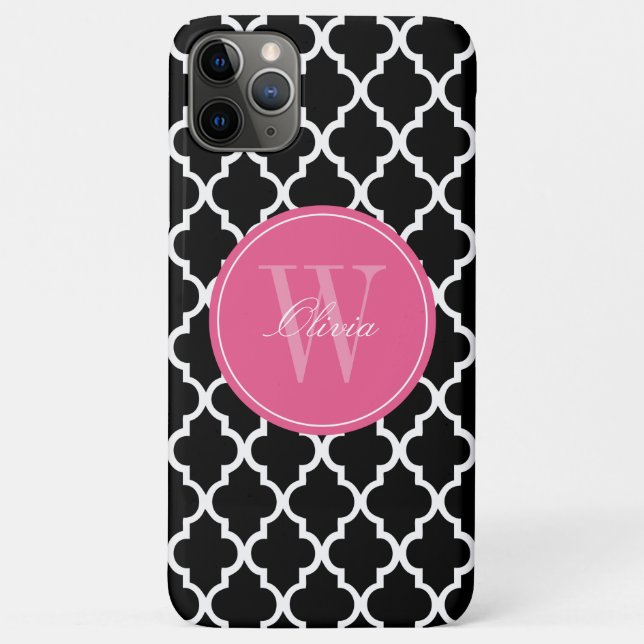 Capa Para iPhone Da Case-Mate Monograma de Quatrefoil Preto e Fuchsia (Verso)