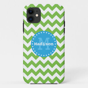Capa Para iPhone Da Case-Mate Monograma do Chevron Azul verde limão Zigzag