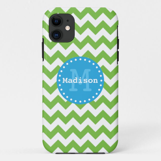 Capa Para iPhone Da Case-Mate Monograma do Chevron Azul verde limão Zigzag (Verso)