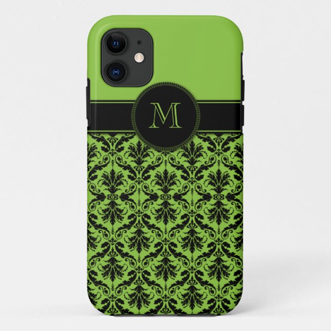 Capa Para iPhone Da Case-Mate monograma do damasco do preto do verde limão (Verso)
