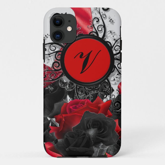 Capa Para iPhone Da Case-Mate Monograma preto do costume dos rosas (Verso)