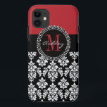 Capa Para iPhone Da Case-Mate Nome inicial vermelho do damasco preto<br><div class="desc">Damasco preto,  inicial vermelha do monograma. Design por Elke Clarke ©2011. Inteiramente customizável. Personalize com seu nome,  inicial do monograma.</div>