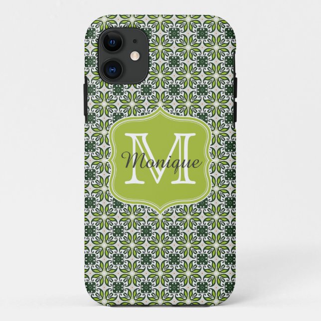 Capa Para iPhone Da Case-Mate Padrão de Flores Verde Monograma (Verso)