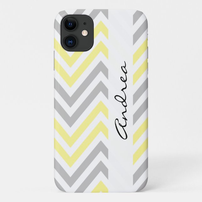 Capa Para iPhone Da Case-Mate Padrão Zigzag, Chevron, Amarelo, Cinza, Seu Nome (Verso)
