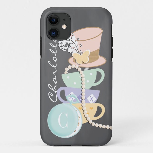 Capa Para iPhone Da Case-Mate Teacups e chapéu loucos do Hatter do monograma (Verso)