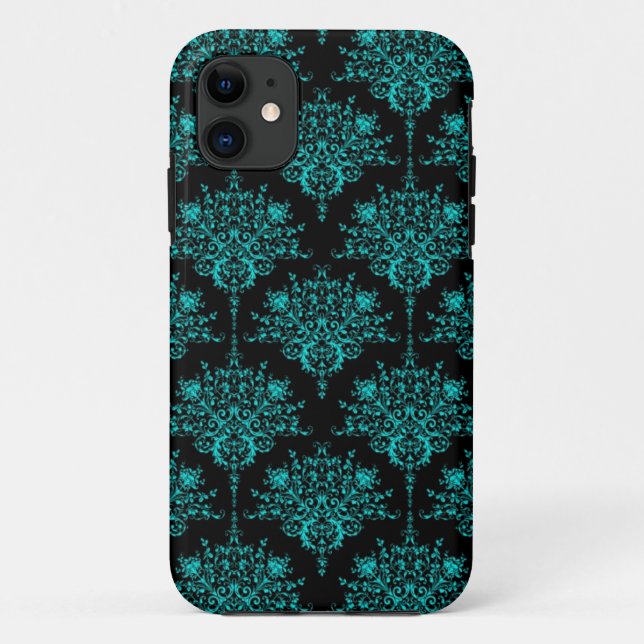 Capa Para iPhone Da Case-Mate Turquesa e Preto Padrão Elegante de Damasco (Verso)