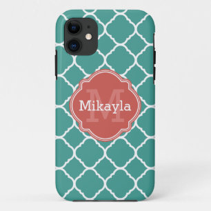 Capa Para iPhone Da Case-Mate Turquesa Quatrefoil Padrão Coral Monograma