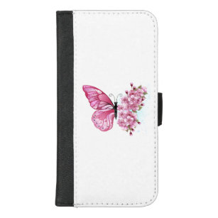 Capa Carteira Para iPhone 8/7 Plus Borboleta Flor com Sakura Rosa