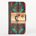 Caso de Wallet do iPhone Kokopelli<br><div class="desc">Este é um caso exclusivo de "Um dos tipos" no sudoeste de Kokopelli iPhone Wallet.  Ele apresenta um Kokopelli tocando flauta e dançando sob um pôr do sol do deserto ...  cercado por uma borda sudoeste em Turquesa, Laranja & Preto!
Design De Arte Original Pelo Artista Kerry Miller.</div>