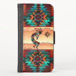 Caso de Wallet do iPhone Kokopelli<br><div class="desc">Este é um caso exclusivo de Wallet do iPhone do Sudoeste de Kokopelli. Ele apresenta um Kokopelli tocando flauta e dançando sob um pôr do sol do deserto ... cercado por uma borda sudoeste em Turquesa, Laranja e Preto! Design De Arte Original Pelo Artista Kerry Miller.</div>