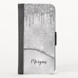 Drives e Sparkle de Silver Glitter, Nome e Monogra<br><div class="desc">Personalize com o nome preto e o monograma branco nas cinzas e fundo cintilante com gotas de luz prateada. Clique em "Editar usando a ferramenta Design" para alterar cores e digitar estilos.</div>