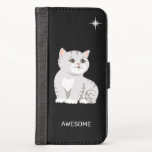 Gato de Tabby Bonito na Carteira de iPhone Preta<br><div class="desc">Gato de mesa bonito e texto editável sobre fundo preto.</div>