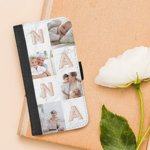 Capa Carteira Para iPhone 8/7 Plus NANA Pink Letters Family Photo Collage Marble