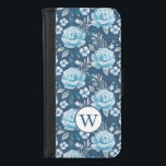 Capa Carteira Para iPhone 8/7 Padrão Floral do Monograma Azul<br><div class="desc">Personalize este lindo padrão floral azul e branco com o seu monograma. Projetado para você pelo Blackberry Boulevard.</div>
