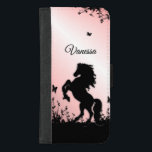 Capa Carteira Para iPhone 8/7 Plus Rearing Black Stallion Personal Pink<br><div class="desc">On a pink garden background.
Great silhouette of wild flowers and butterflies flitting about as
 A black stallion is rearing</div>