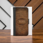 Capa Carteira Para iPhone 8/7 Velho Mundo Vignette Monograma de Couro<br><div class="desc">Campo,  castanho,  com aparência rústica,  couro curtido com bordas mais escuras e vinhetas. Não couro real! A etiqueta oval também é feita com a mesma foto de couro com um olhar viscoso. Personalize as iniciais do monograma!</div>