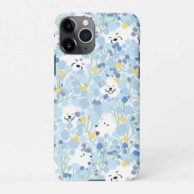 Capa Para iPhone Feliz cão samoíno, em jardim floral azul (Verso)