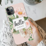 Capa Para iPhone Flores Cor d'Água Moderna Rosa e Nome & Alô<br><div class="desc">Flores Cor d'Água Moderna Rosa e Nome & Alô</div>