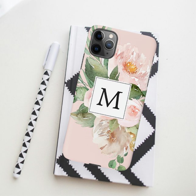 Capa Para iPhone Flores Rosa Cor-de-Água Moderna Monogramadas (Criador carregado)