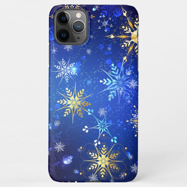 Capa Para iPhone Fundo Azul XMAS com Flocos de Neve Ouro (Verso)