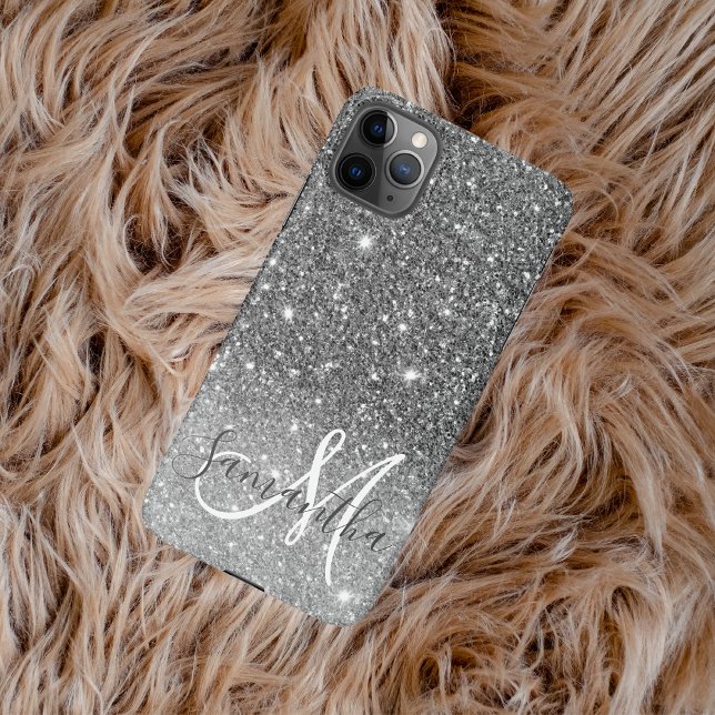 Capa Para iPhone Nome Personalizado da Glitter da Cinza Moderna (Criador carregado)