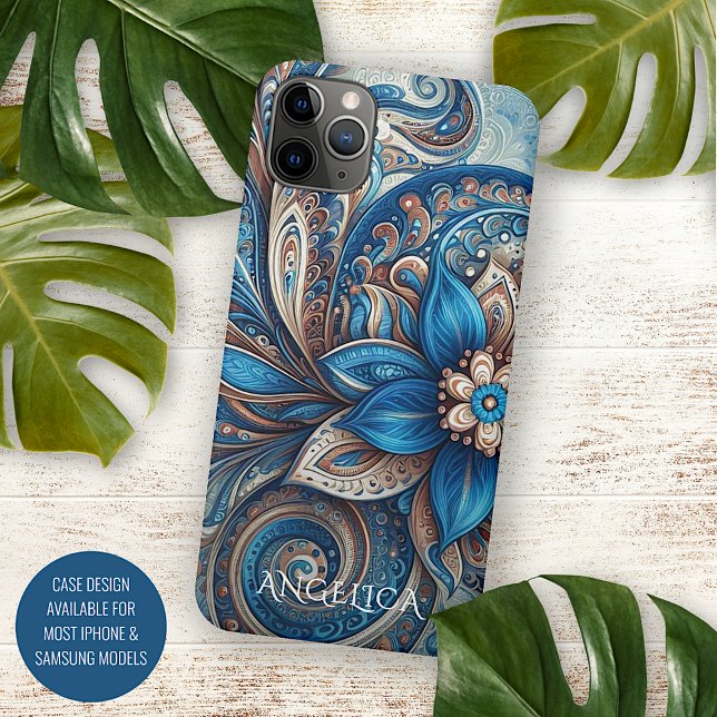 Capa Para iPhone Padrão de Arte Azure Azure Azure Blue Beige Paisle (Criador carregado)