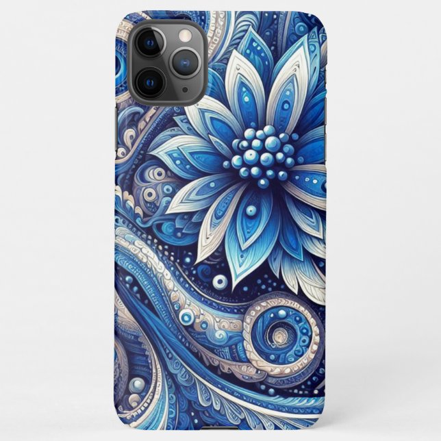 Capa Para iPhone Padrão de Arte de Paisley Preto Azure Marinho Escu (Verso)